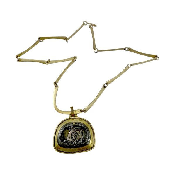Jeep Collins Brass and Sterling Necklace Pendant Modernist Jonah and the Whale - Picture 3 of 7